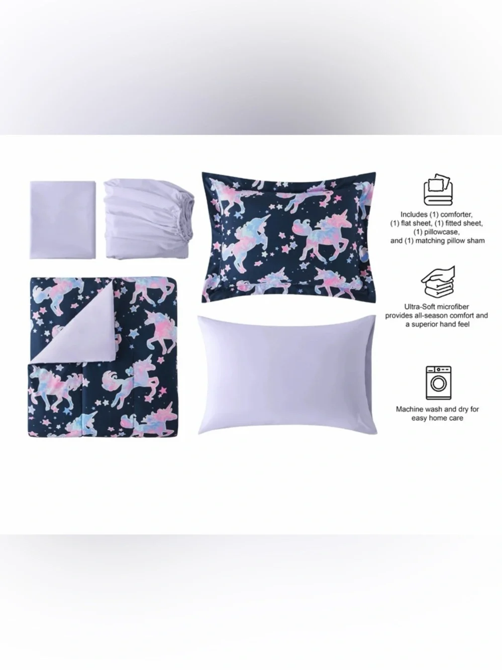 Unbranded Girls' Navy Unicorn Comforter Set with Light Purple Sheets